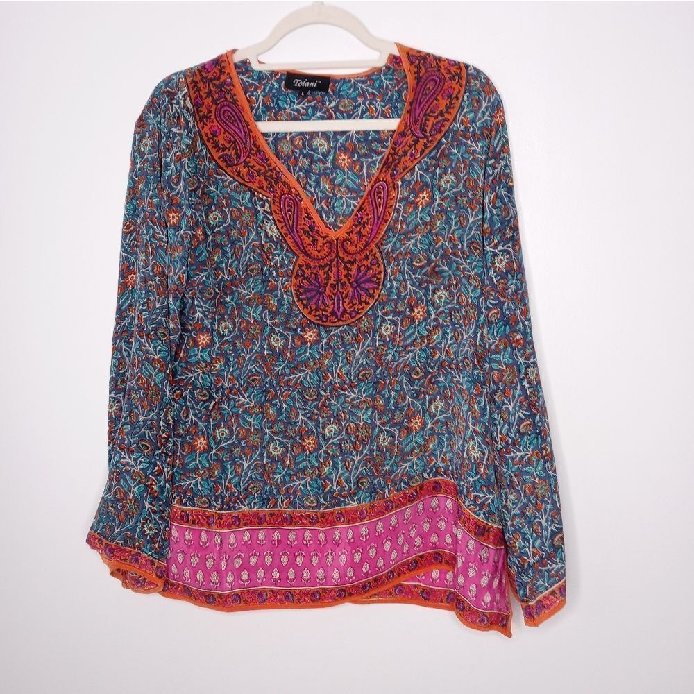 Tolani Floral Silk Long Sleeve Relaxed Tunic